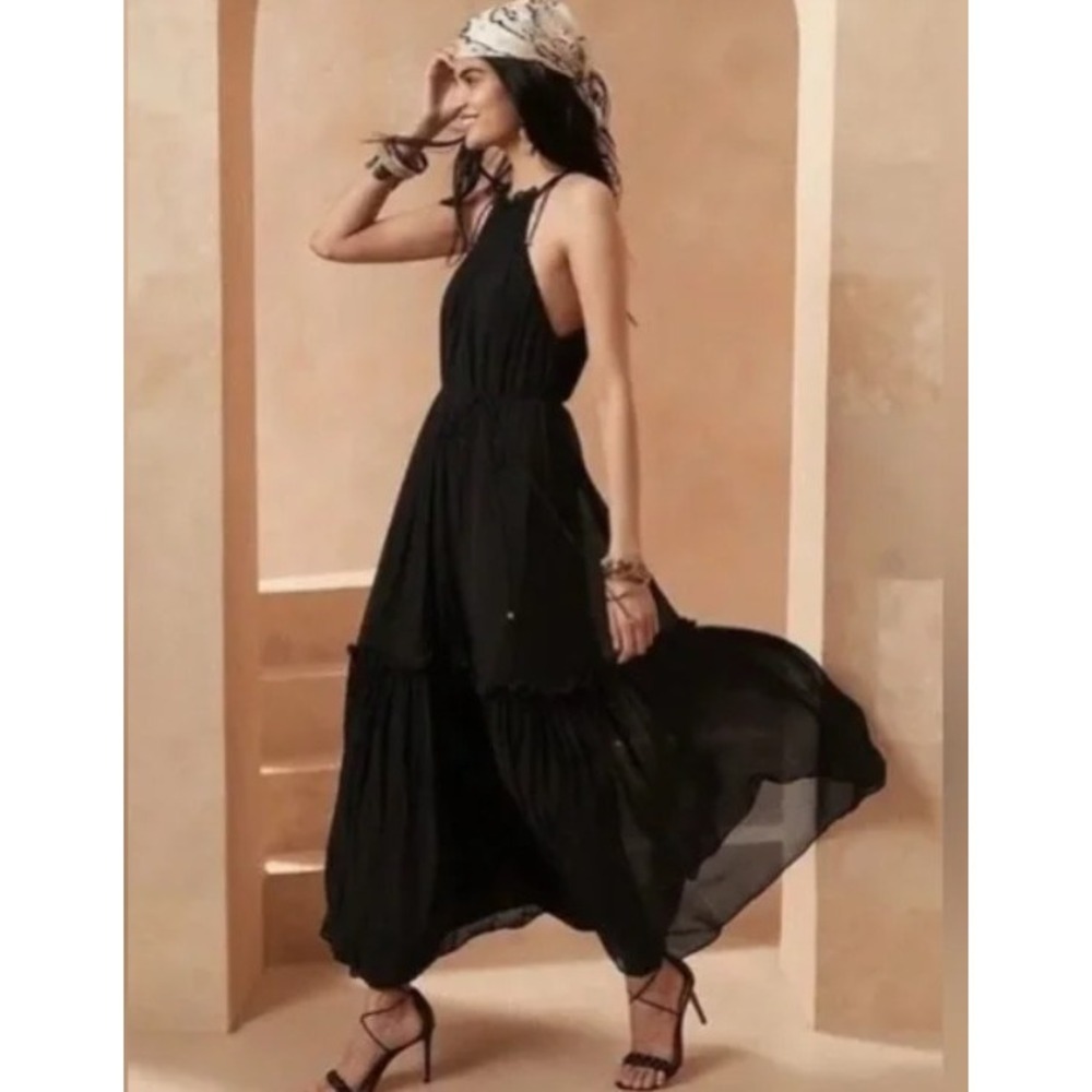 Banana Republic Halter Black‎ Ruffle Maxi Dress XS Bohemian Lagenlook w Tassels